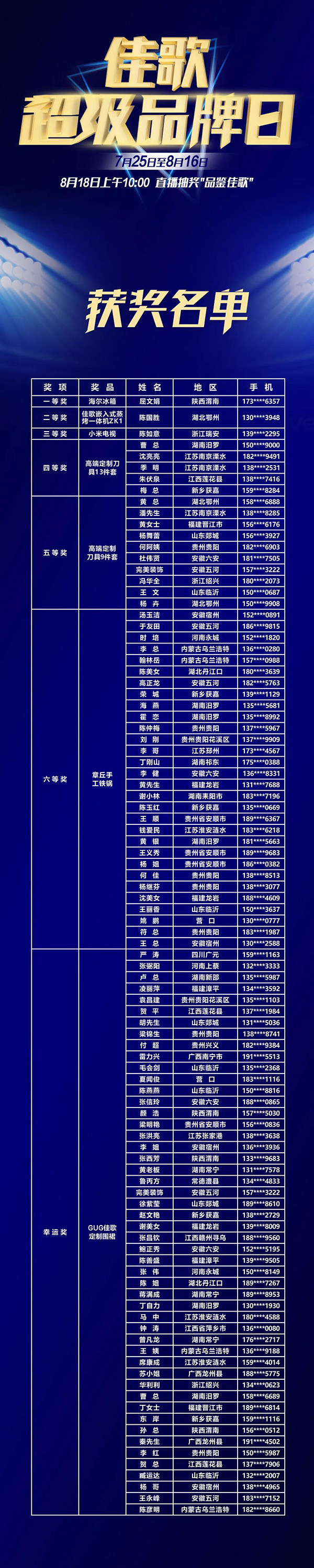 佳歌超级品牌日中奖名单